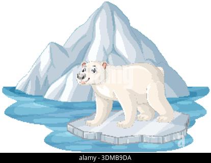 A friendly polar bear stands on a floating ice block near large snowy arctic mountains Stock Vector