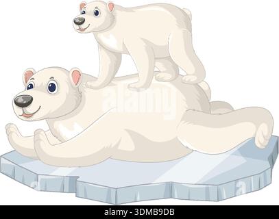 Vector illustration of a polar bear cub standing on its mother atop an ice floe Stock Vector