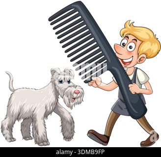 Smiling cartoon groomer with oversized comb standing next to fluffy schnauzer, white background Stock Vector