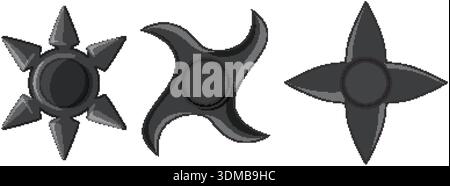 Three distinct black metal ninja shuriken designs isolated on a plain white background vector illustration Stock Vector