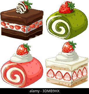 Four detailed vector illustrations of strawberry cakes and swiss rolls on a white background Stock Vector