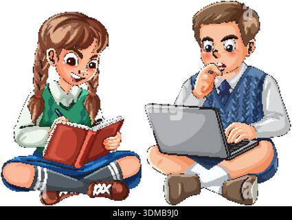 Cartoon schoolchildren sitting cross-legged, girl writing in notebook, boy concentrating on laptop Stock Vector