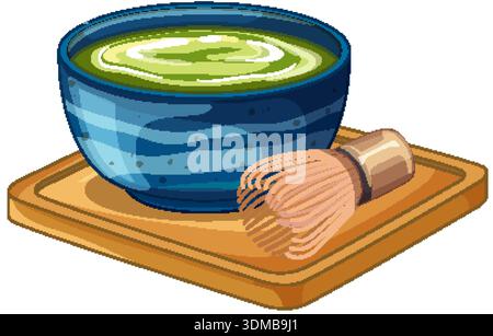 Vector illustration of matcha tea in a blue bowl on a wooden tray with whisk Stock Vector