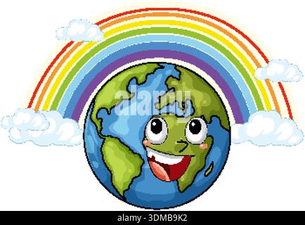 Cheerful cartoon Earth character beneath bright rainbow with clouds, flat vector illustration style Stock Vector