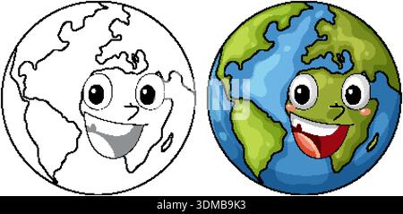 Smiling cartoon Earth character in colored and black outline versions, bright flat vector illustration Stock Vector
