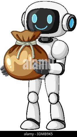 Friendly cartoon robot holding a brown money bag, white background, clean vector art style Stock Vector