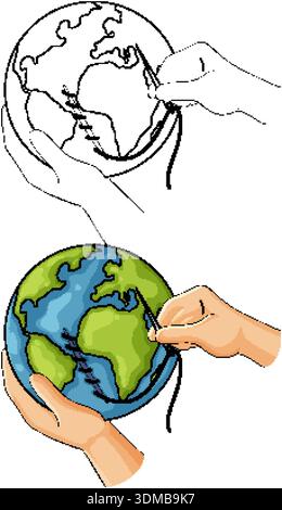 Human hands carefully sewing cracked Earth globe, environmental healing concept, colorful flat vector style Stock Vector