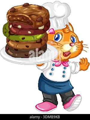 Orange cat chef balances a plate of giant assorted cookies in this vector illustration Stock Vector