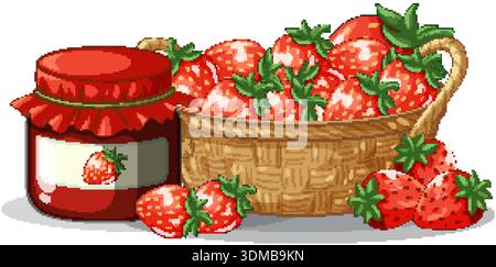 Vector illustration of ripe strawberries in a basket beside a glass jar of jam Stock Vector