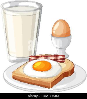 Flat vector illustration of a glass of milk, boiled egg, and fried egg on toast Stock Vector