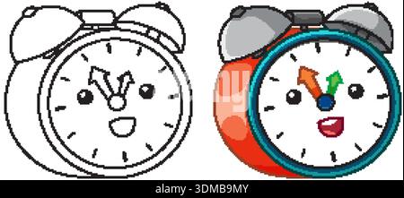 Vector illustration of a smiling alarm clock with a black and white coloring template Stock Vector