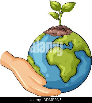 Flat vector illustration of hand supporting Earth globe with sprouting plant and soil Stock Vector