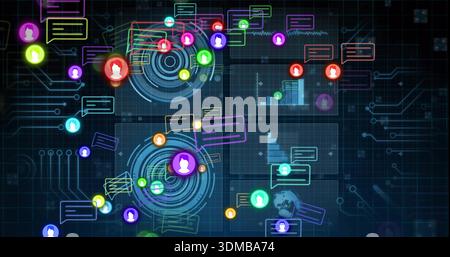 Displaying central UI cluster pulsing in virtual dashboard, with colored avatar icons, chat bubbles Stock Photo