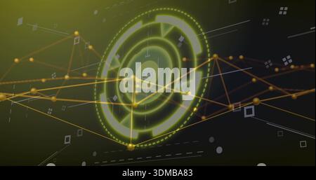 Displaying central HUD showing 28 readout, pulsing rings in data-space, golden nodes, connectors Stock Photo