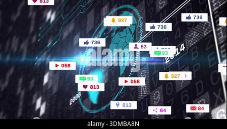 Pulsing stylized globe rotating in digital dashboard, with badges, counters, diagonal graph, flare Stock Photo