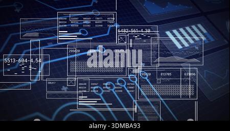 Displaying translucent wireframe panels over dark blue grid, showing charts, code, numeric IDs Stock Photo