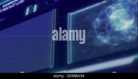 Displaying holographic HUD panels hovering in monitoring console, showing waveform, globe, grids Stock Photo