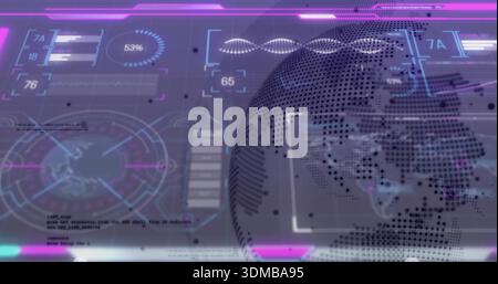 Displaying dotted holographic globe right on dashboard, showing radar, progress 53% and DNA Stock Photo