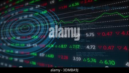Displaying market dashboard glowing on dark grid, showing radar HUD, tickers, green line chart Stock Photo
