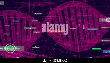 Displaying magenta wireframe DNA, floating UI panels annotating virtual data interface Stock Photo