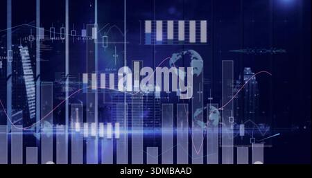 Displaying financial charts rising over night skyline, showing candlesticks and red and blue trends Stock Photo