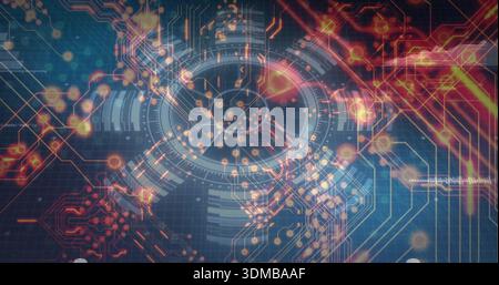 Displaying central circular HUD and ringed dials over blue grid, with PCB traces and glowing nodes Stock Photo