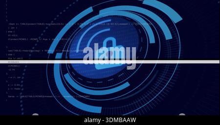 Displaying central padlock icon spinning inside concentric HUD rings on security HUD, with code Stock Photo