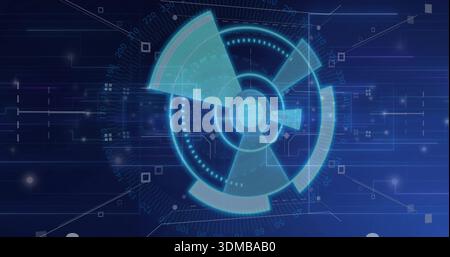 Displaying centered circular HUD glowing cyan in virtual dashboard, with concentric rings and nodes Stock Photo