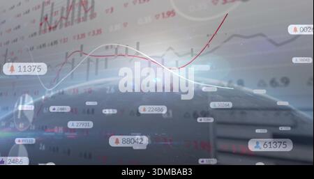 Displaying central curved globe data surface in virtual dashboard, with red trend line and badges Stock Photo
