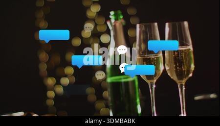 Showing pair of champagne flutes and green bottle bubbling on bar counter, with chat bubbles Stock Photo