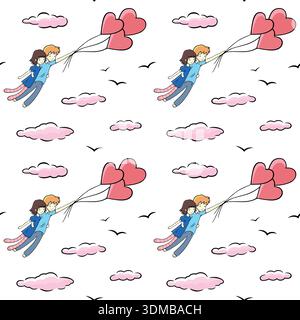 Couple of lovers flying on Heart shaped air balloons seamless pattern. Digital romantic Illustration for Saint Valentine Day. Love concept. Manga style. Vector Stock Vector