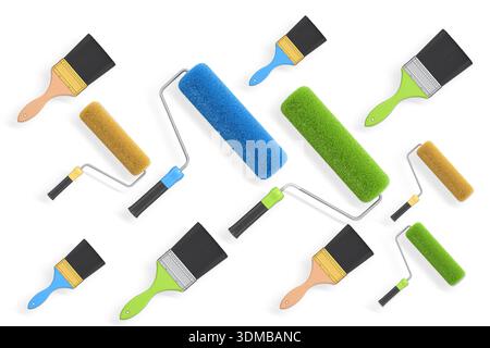 Various colorful paint rollers and brushes laid out in diagonal pattern isolated on white background with clipping path, concept of painting tools and Stock Photo