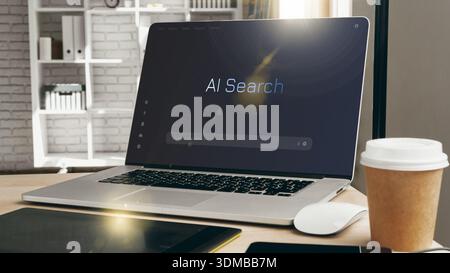 Laptop displays AI search tool on desk during work hours in a bright office setting Stock Photo