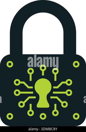 Padlock icon with a circuit board pattern and keyhole symbol in black and neon green Stock Vector