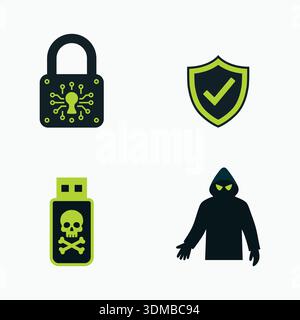 A bold icon set illustrating digital security concepts, including a locked padlock with malware symbols, a security shield, a toxic battery, and a hoo Stock Vector