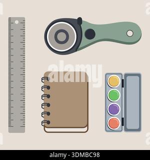 An illustrated collection of creative and stationery tools, featuring a rotary cutter, ruler, spiral notebook, and watercolor paint set Stock Vector