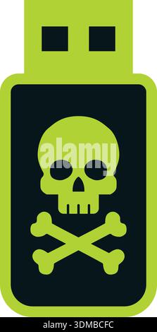 USB flash drive icon with a skull and crossbones symbol in neon green and black Stock Vector