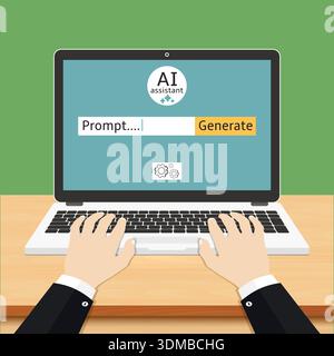 AI Assistant Interface on laptop. Hands typing on a laptop interface for AI prompt generation. Vector illustration. Stock Vector