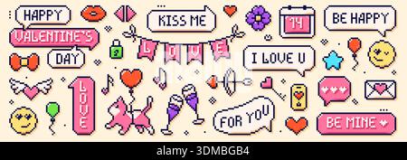 Pixel art love color elements. Cute pink cat with balloon, speech bubbles and love phrases, bow and arrows, emoji. Stock Vector