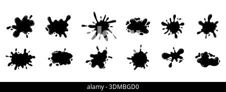 Black smooth ink shiny blob form set. Splash with glossy drops, round abstract shapes silhouette liquid. Soft fluid organic puddle border, frame. Current drops. Ink Paint fall down liquid. Vector illustration Stock Vector