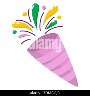 Mardi Gras party popper with colorful confetti burst in purple, green, and gold. Festive exploding confetti carnival celebration icon isolated on Stock Vector