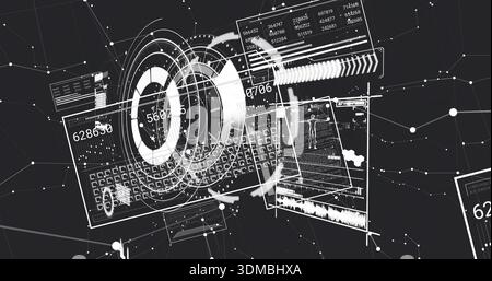 Displaying concentric HUD rings and layered data panels in digital space, showing keyboard grid Stock Photo