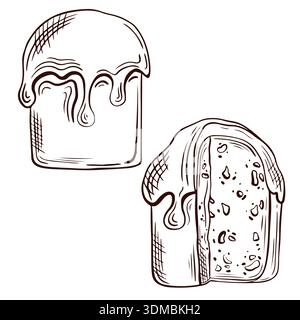 An illustration of a traditional icing Easter cake, depicting whole and cut pieces on a white background. This detailed illustration features fine lin Stock Vector
