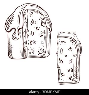 Detailed line drawing of traditional Italian Panettone bread with intricate textures and patterns, showcasing its distinctive dome shape and slice, pe Stock Vector