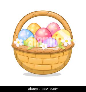 Easter Basket with Eggs. Cute cartoon Vector illustration of a woven Easter basket filled with colorful decorated eggs and spring flowers. Stock Vector