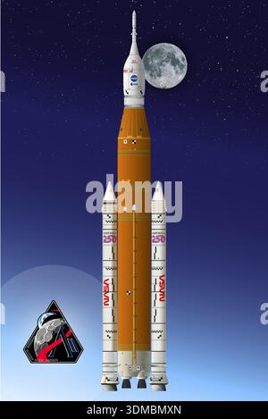 Artemis II space rocket for moon mission, vector illustration on starry sky background and moon satellite, mission graphic patch Stock Vector