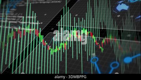 Displaying financial chart on trading dashboard, showing green bar spikes and red green candles Stock Photo
