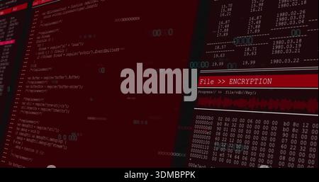Displaying screens at dark desk showing source code with File  ENCRYPTION header and hex dump Stock Photo