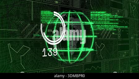 Displaying neon green wireframe globe rotating on HUD, showing progress ring 139 and map tiles Stock Photo