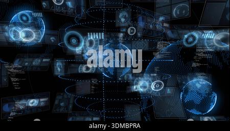 Floating central holographic globe pulsing in virtual data space, with HUD panels and code streams Stock Photo